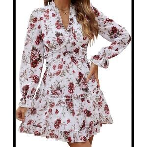 Lashbair V Neck Summer Dress A-line Print Ruffle Long Sleeve NEW floral SZ SM